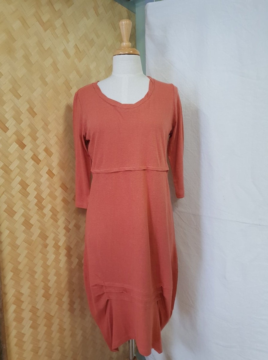 Women'S Clothing Hemp Straw Silk | 3/4 Sleeve Pixie Dress Earthy Orange