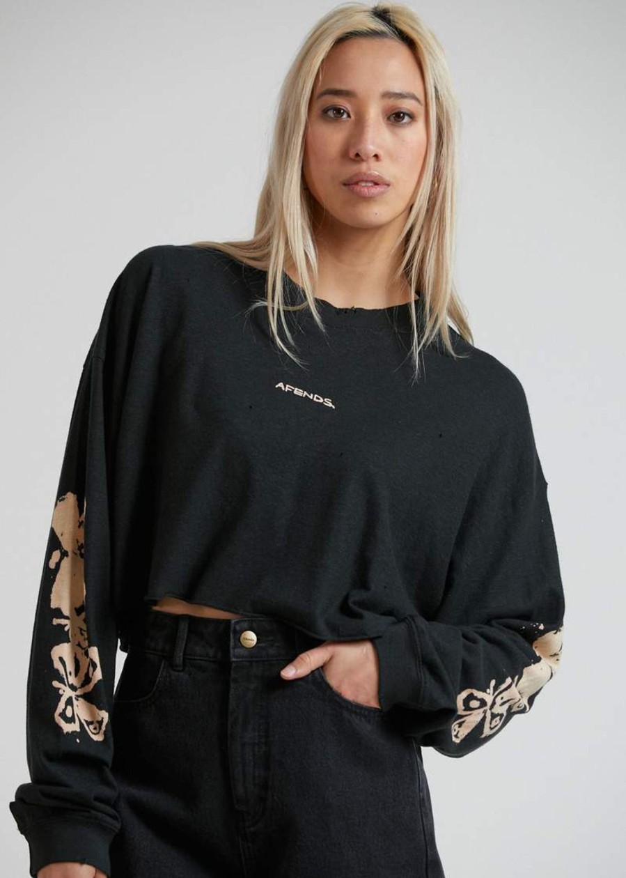 Women'S Clothing Afends | Consequences - Hemp Cropped Long Sleeve Tee Black