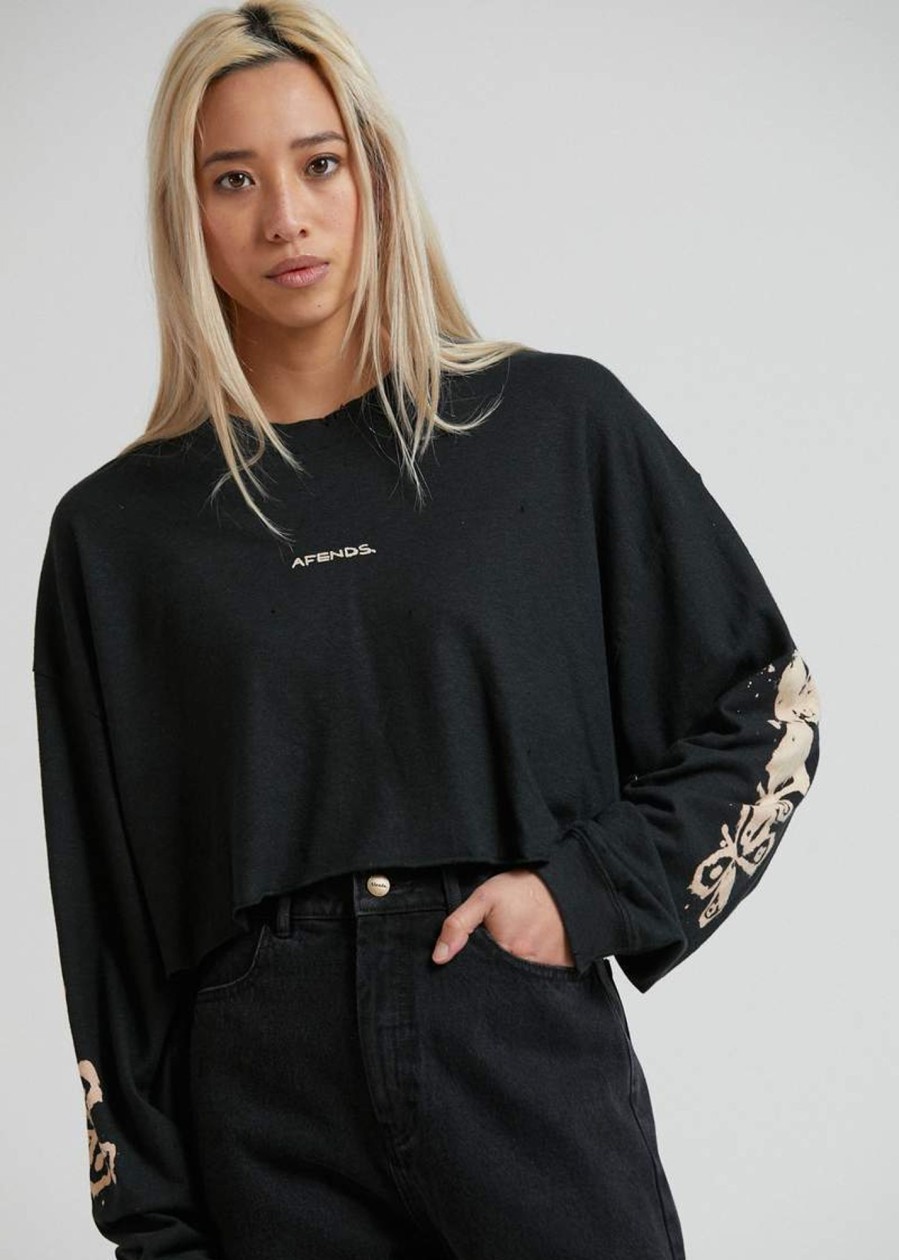 Women'S Clothing Afends | Consequences - Hemp Cropped Long Sleeve Tee Black