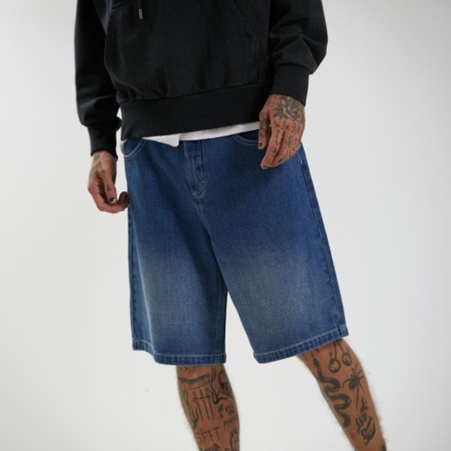 Men'S Clothing Afends | Lil C - Hemp Denim Baggy Shorts Authentic Blue