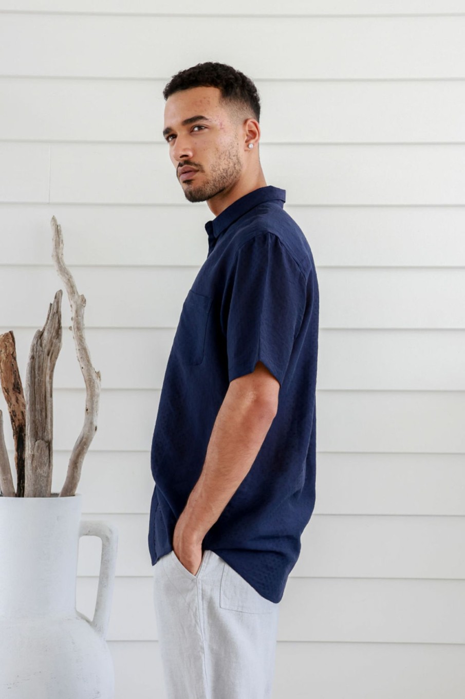 Men'S Clothing Braintree Hemp | Vice - Hemp Tencel Short Sleeves Silky Shirt Navy