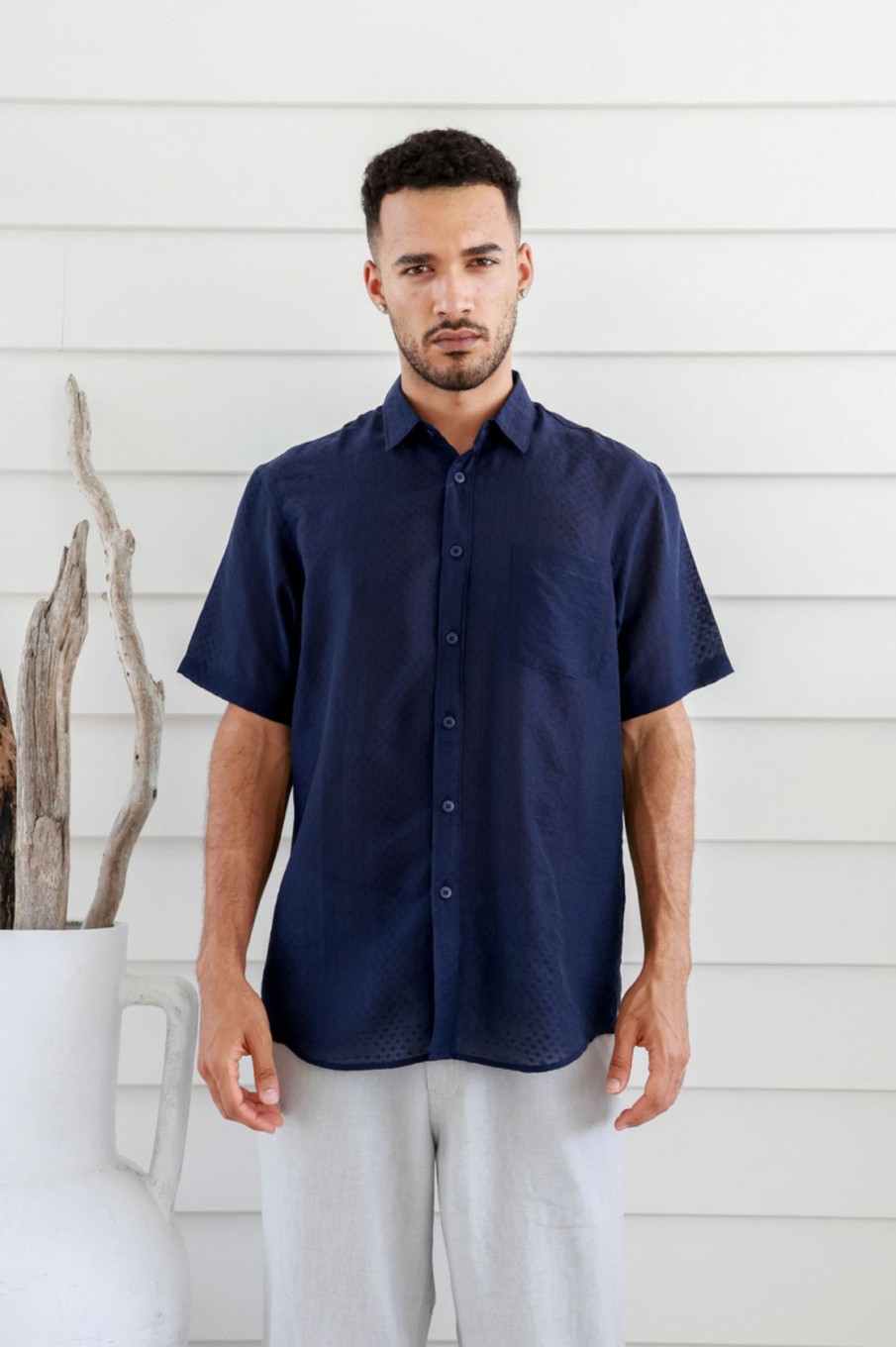 Men'S Clothing Braintree Hemp | Vice - Hemp Tencel Short Sleeves Silky Shirt Navy