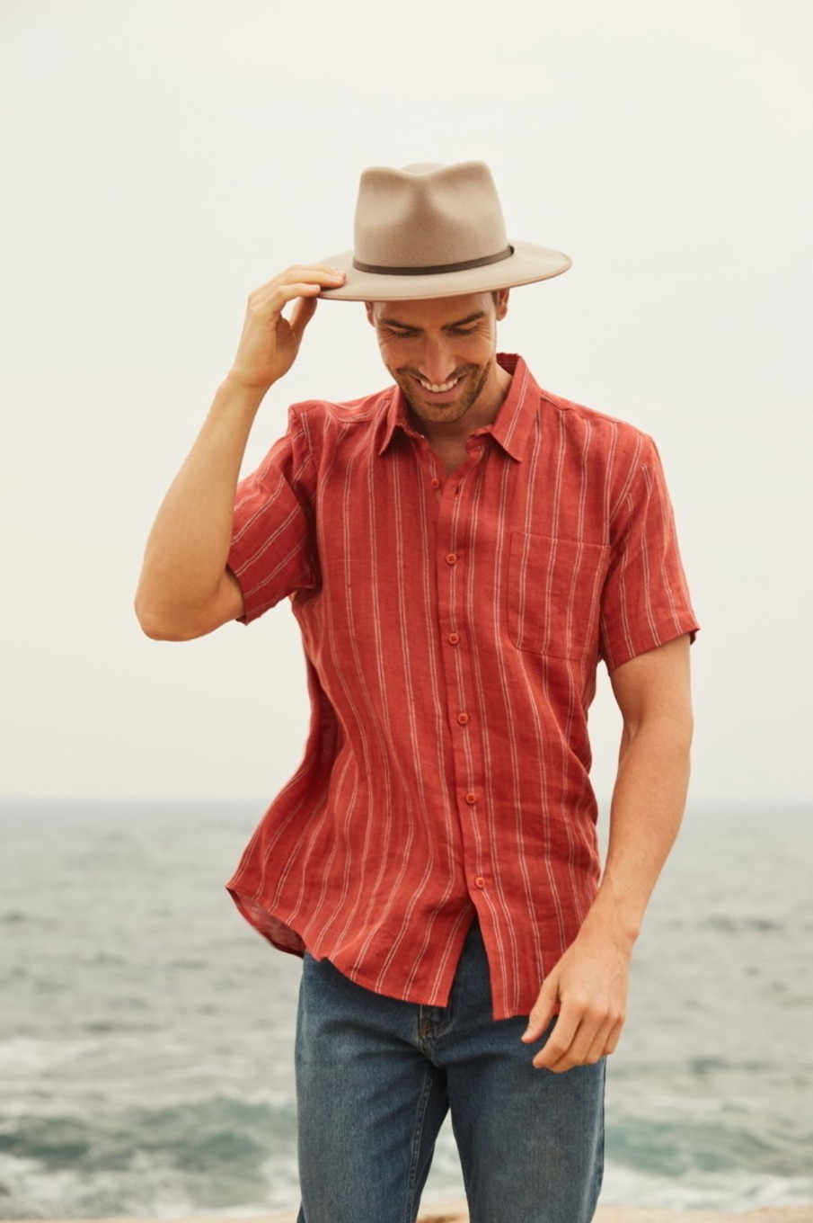 Men'S Clothing Braintree Hemp | Colin - 100% Hemp Striped Shirt Red Clay