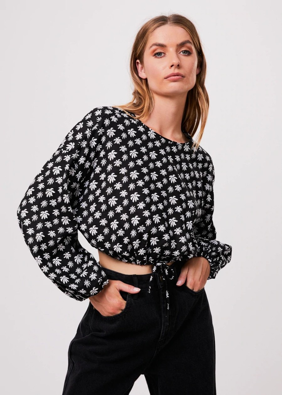 Women'S Clothing Afends | Pascale - Hemp Cropped Long Sleeve Top Black