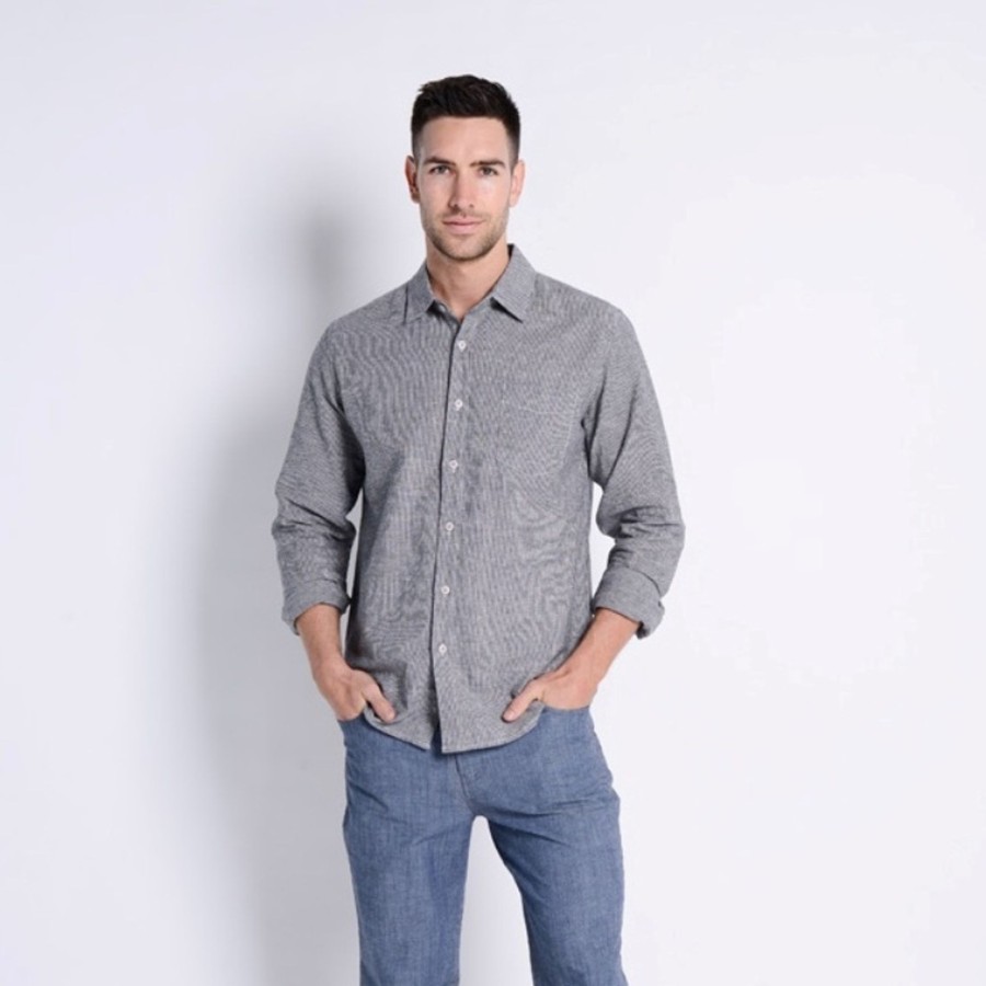 Men'S Clothing Braintree Hemp | Hemp Cotton Striped Long Sleeve Shirt Grey