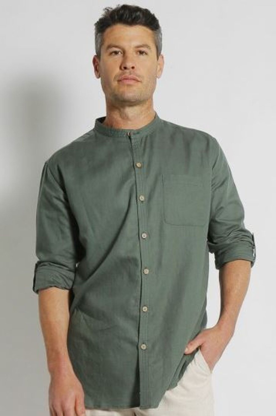 Men'S Clothing Braintree Hemp | Harrison - Long Sleeve Grandpa Collar Shirt