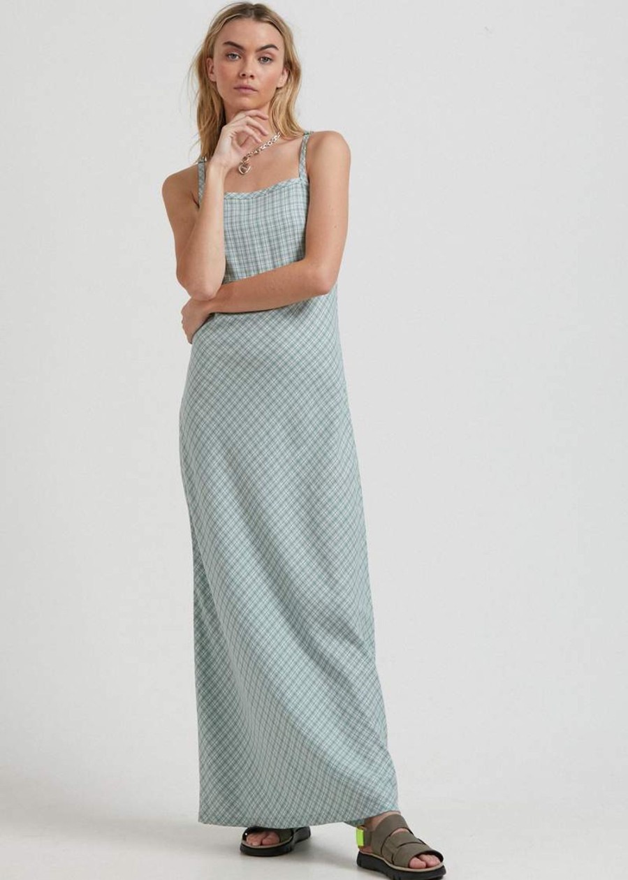 Women'S Clothing Afends | Billy - Hemp Check Maxi Dress Moss Check