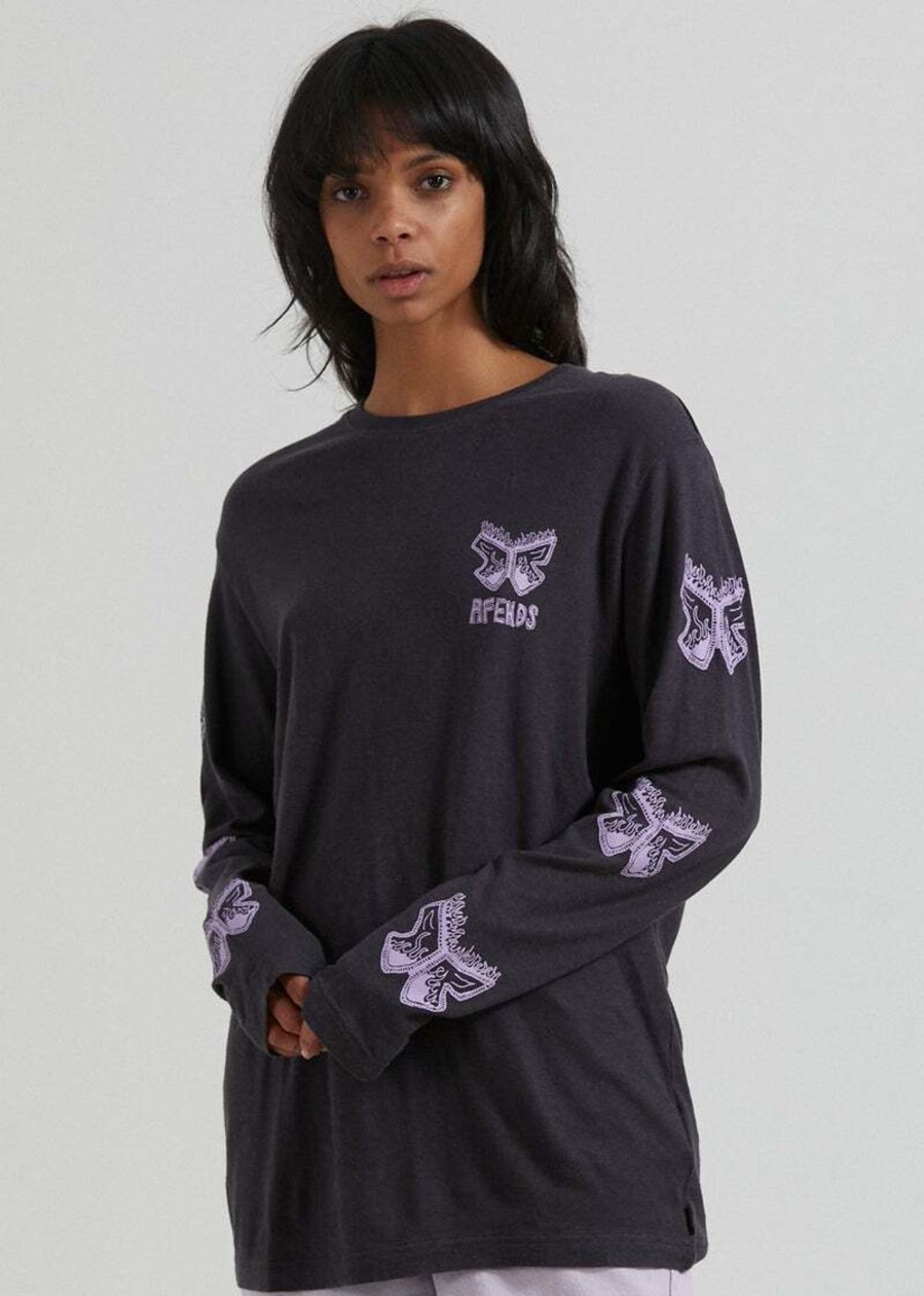 Women'S Clothing Afends | Pink Noise - Hemp Long Sleeve Graphic T-Shirt Charcoal