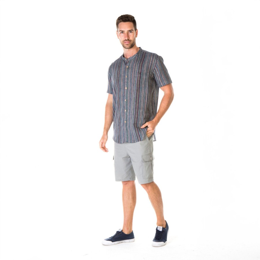 Men'S Clothing Braintree Hemp | Mccartney - Striped Grandpa Collar Shirt - Short Sleeve Black