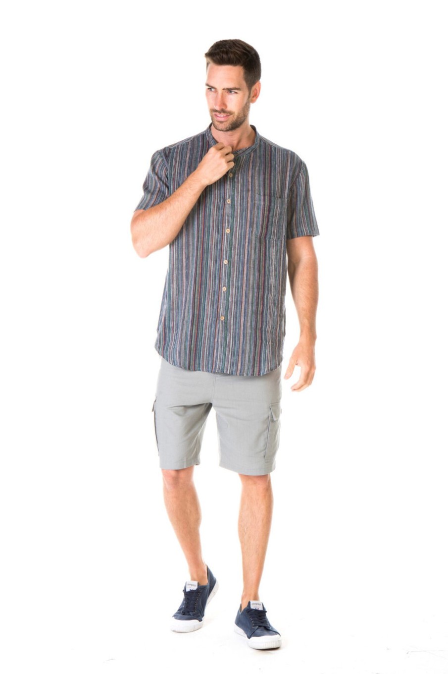 Men'S Clothing Braintree Hemp | Mccartney - Striped Grandpa Collar Shirt - Short Sleeve Black