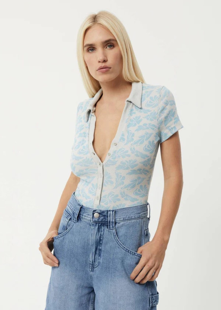 Women'S Clothing Afends | Billie - Hemp Ribbed Floral Bodysuit Smoke Blue