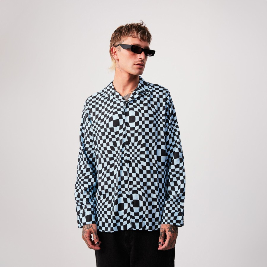 Men'S Clothing Afends | Void - Hemp Check Long Sleeve Shirt Sky Blue