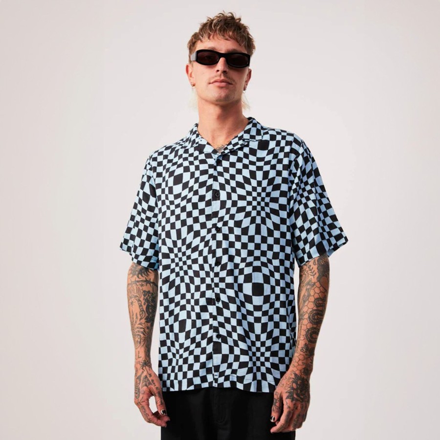 Men'S Clothing Afends | Void - Hemp Check Short Sleeve Shirt Sky Blue