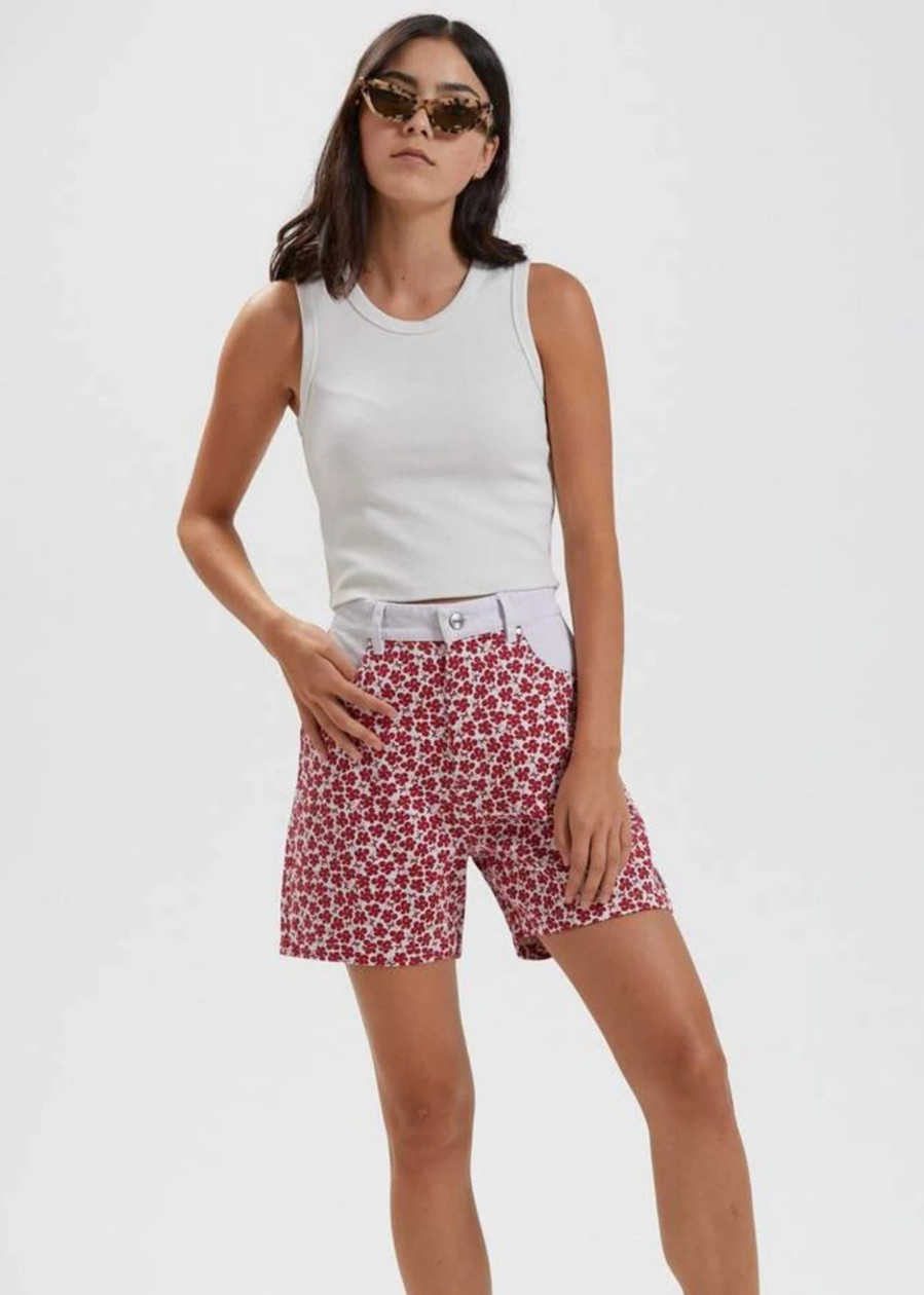 Women'S Clothing Afends | Shelby - Hemp Canvas Floral High Waisted Shorts Red