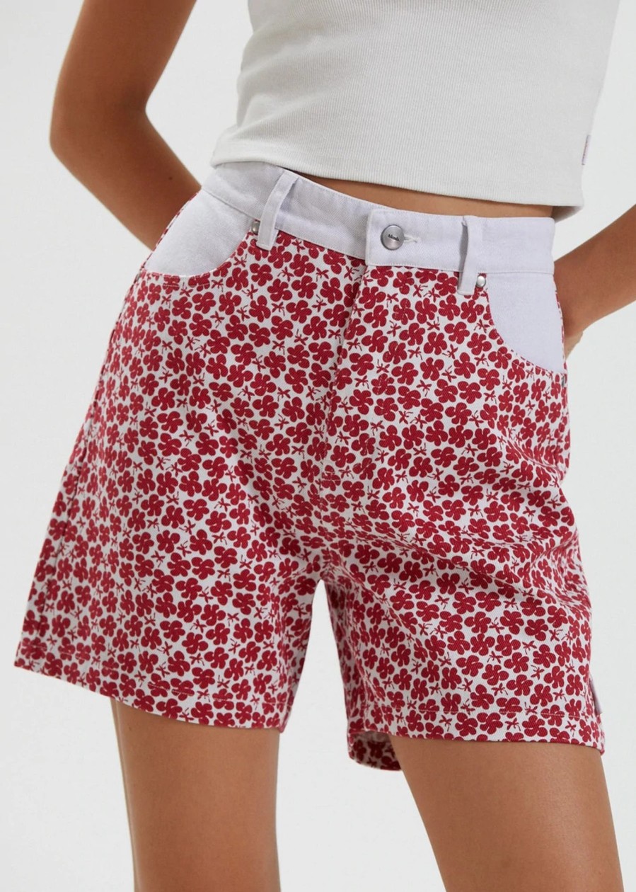 Women'S Clothing Afends | Shelby - Hemp Canvas Floral High Waisted Shorts Red